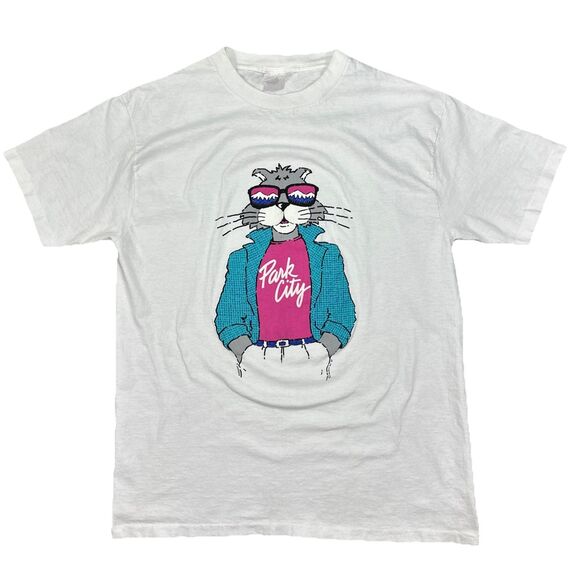 Vintage Cool Cat Park City Utah Puff Print 1987 T Shirt Mens Size XL - Picture 1 of 6